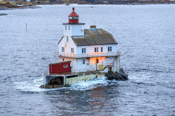 STABBEN LIGHTHOUSE, NORWAY - 2016 NOVEMBER 30. Lighthouse Stabben on a rock in the norwegian coast.