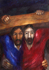 Simon of Cyrene carries the cross, 5th Stations of the Cross by Sieger Koder in St. Stephen's...