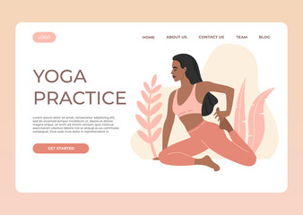 Template web design page, outdoor yoga poses, young woman doing asana, lifestyle. Vector illustration