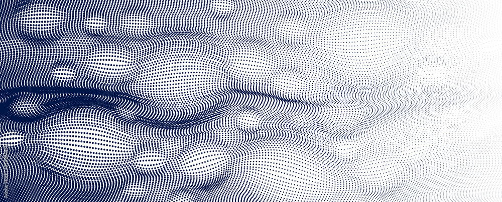 Poster dots mesh grid particles flow abstract vector background, modern trendy style dotted rhythmic abstra