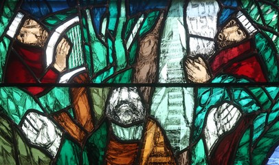 God, the Creator of all life, detail of stained glass window by Sieger Koder in church of Saint...