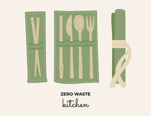 Cutlery set of ceramic Chinese chopsticks, straw, knife, spoon and fork. Zero waste, recycle material. Vector illustration in flat style