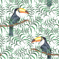 Watercolor seamless tropical pattern with toucans and leaves © Gribanessa