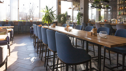 Empty interior of city cafe, quarantine concept, take away