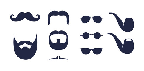 Man symbols and elements set vector, mustache, beard, glasses, pipe.