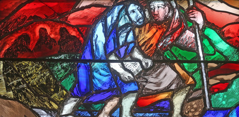 God’s promise gives men courage and hope in the path of their lives and salvation, detail of stained glass window by Sieger Koder in St. John church in Piflas, Germany