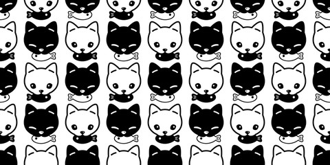 cat seamless pattern kitten eating fish vector face calico pet animal scarf isolated repeat background cartoon tile wallpaper illustration doodle black design