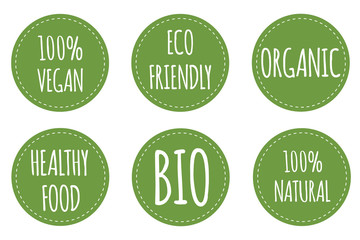 Set of vegan label. Organic, bio, eco, gmo symbol. Round and green tags for vegan and health food