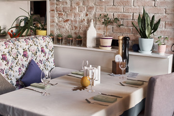 Closed restaurant during coronavirus quarantine. Empty public place due to covid-19 outbreak. Stay at home for protect from coronavirus outbreak