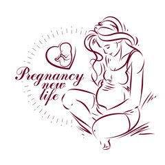Fototapeta na wymiar Pregnant woman elegant body silhouette, sketchy vector illustration. Medical rehabilitation and childcare center marketing card