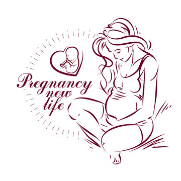 Pregnant woman elegant body silhouette, sketchy vector illustration. Medical rehabilitation and childcare center marketing card