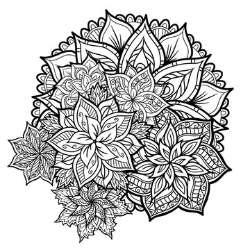 Monochrome ethnic mandala design. Anti-stress coloring page for adults. Hand drawn  illustration
