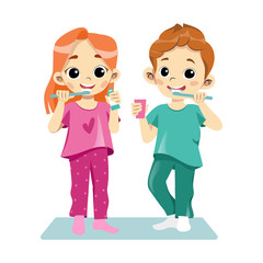 Concept Of Personal Hygiene Rules, Daily Routines. Happy Cheerful Children Are Brushing Teeth Together By Toothpaste. Regular Hygienic Procedures For The Kids. Cartoon Flat Style. Vector Illustration