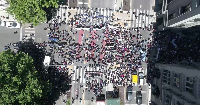 Corrientes Avenue with demonstrations in the center of the city in the Argentine capital. Buenos Aires - Argentina.