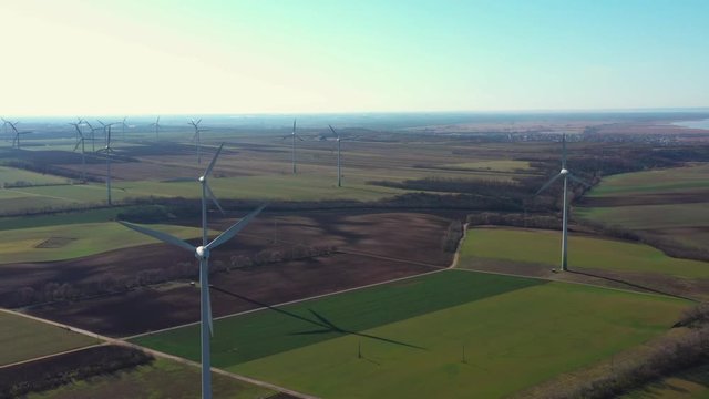 aerial footage of wind turbines on austria hungarian border on A4 autobahn a part of E60 road