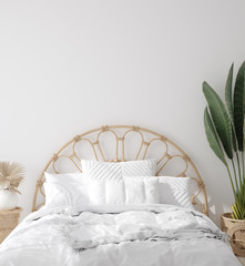 Coastal boho style bedroom interior, wall mockup, 3d render © artjafara