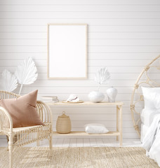 Mockup frame in bedroom interior background, Coastal boho style, 3d render