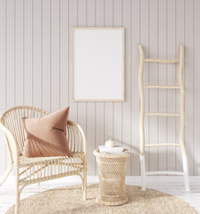 Mock up frame in cozy coastal home interior background, 3d render