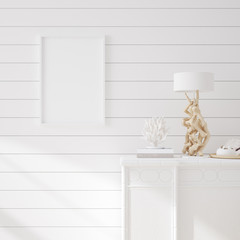 Mock up frame in cozy coastal home interior background, 3d render