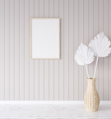 Mock up frame in cozy coastal home interior background, 3d render