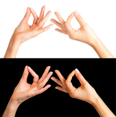 Set of woman hands showing mudra gesture or holding something.