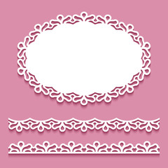 Oval lace doily and seamless border patterns, template for laser cutting - obrazy, fototapety, plakaty