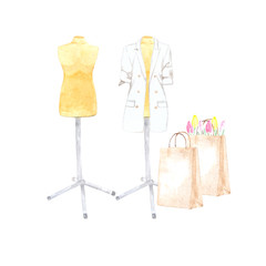 Watercolor illustration of female mannequins with shopping bags. Perfect for printing design, photo albums, web sites, decoupage and other creative ideas.