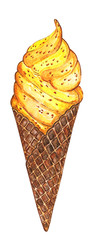 The ice cream is yellow in the waffle cone. Logo for ice cream makers. Summer cool, summer delicious. Isolated on a white background.
