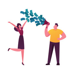 Man Character Cry to Loudspeaker with Money Flow Out, Woman Happily Jumping. Total Sale in Store, Shopping Promotion, Announcement and Loyalty Program Concept. Cartoon People Vector Illustration