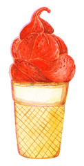 Red ice cream in waffle cup. Logo for ice cream makers. Summer cool, summer delicious. Isolated on a white background.