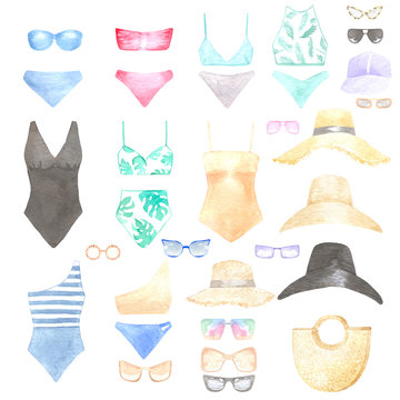 Watercolor set of beachwear and accessories. Perfect for printing design: postcards, invitations, websites, personal blogs, decoupage, photo albums and other creative applications.