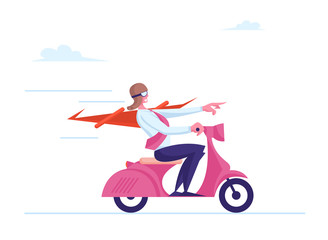 Fototapeta na wymiar Superhero Character Wearing Red Cloak and Pilot Helmet Riding Scooter Pointing Direction with Finger. Super Employee Business Success, Leadership, Professionalism Concept. Cartoon Vector Illustration