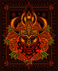Illustration vector wild boar's head with viking helmet on black background.