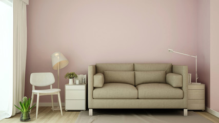 Living room on pink tone design - Living room pastel in house or apartment - Interior simple design - 3D Rendering