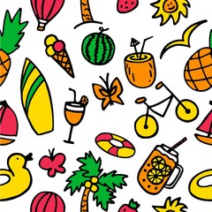 Colorful summer seamless pattern with hand drawn elements