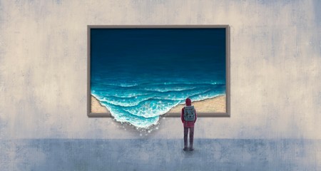 Fototapeta premium Backpacker looking at surreal wave painting