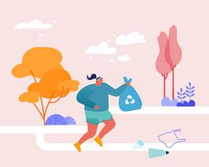 Female Sports Character Plogging Concept. Running Woman Pick Up Garbage to Bag for Recycling. Jogging Girl Collecting Plastic Trash, Environmental Protection, Conservation. Cartoon Vector Illustration