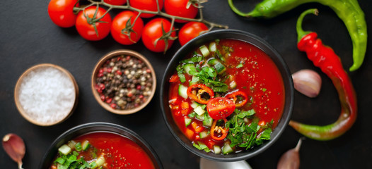  Traditional spanish cold gazpacho tomato soup on stone background