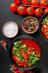  Traditional spanish cold gazpacho tomato soup on stone background