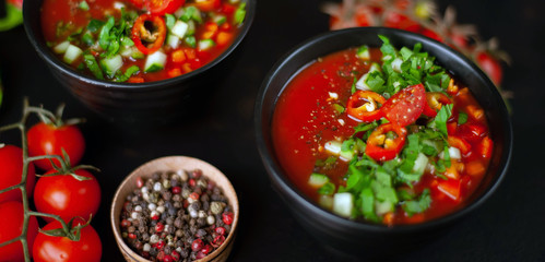  Traditional spanish cold gazpacho tomato soup on stone background