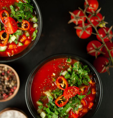  Traditional spanish cold gazpacho tomato soup on stone background