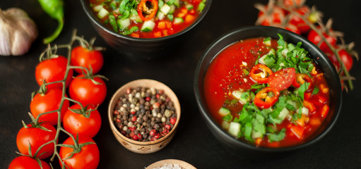  Traditional spanish cold gazpacho tomato soup on stone background