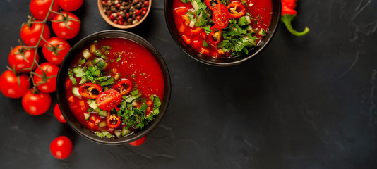  Traditional spanish cold gazpacho tomato soup on stone background