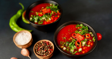  Traditional spanish cold gazpacho tomato soup on stone background