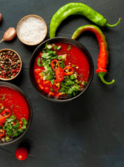  Traditional spanish cold gazpacho tomato soup on stone background