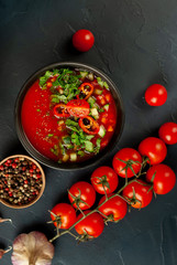  Traditional spanish cold gazpacho tomato soup on stone background