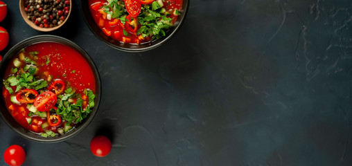  Traditional spanish cold gazpacho tomato soup on stone background