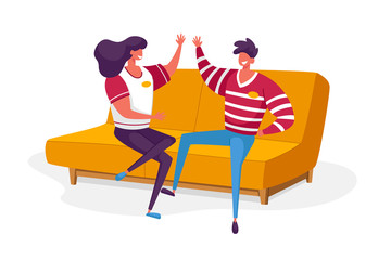Fototapeta premium Cheerful Fans Male Female Characters Wearing Sports Club Uniform Giving High Five Sitting on Couch Cheering for Favorite Sport Team Watching Match at Home, Victory. Cartoon People Vector Illustration