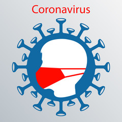 Composition with the silhouette of a human head with a bandage and abstract silhouette of a coronavirus element.