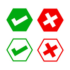 hexagon check mark and x or confirm and deny, hexagon button checkmark for apps or websites, icon checklist choice, checkbox button for choose, hexagon answer box for check mark, approval check sign